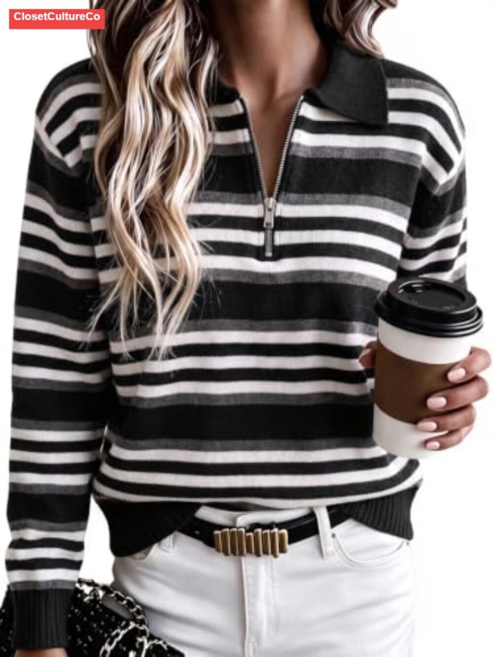Quarter Zip Striped Sweater Collared Long Sleeve Pullover Top